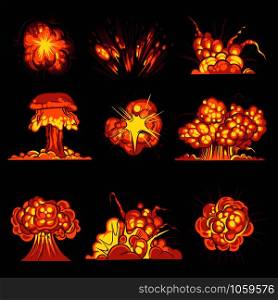 Cartoon explosions. Bomb explosion, fire bang with smoke effect. Explode dynamite, flash destruction, danger objects comic game vector animation flame creative boom set. Cartoon explosions. Bomb explosion, fire bang with smoke effect. Explode dynamite, flash destruction, danger objects comic game vector set