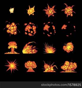 Cartoon explosions. Burn fire bang effect with smoke, flame and particles, boom detonate flash comic atomic bomb, animation frames for game vector flat style illustration isolated on black background. Cartoon explosions. Fire bang effect with smoke, flame and particles, boom detonate flash comic atomic bomb, animation frames for game vector flat illustration isolated on black background