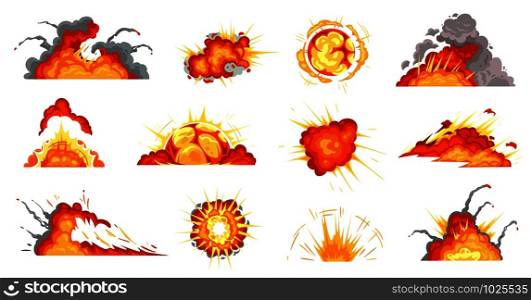 Cartoon explosions. Exploding bomb, fire cloud and explosion burst. Mobile game damage sign, comic bomb explode blast or dynamite storyboard. Isolated vector illustration icons set. Cartoon explosions. Exploding bomb, fire cloud and explosion burst vector illustration set
