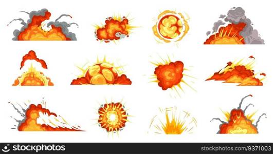 Cartoon explosions. Exploding bomb, fire cloud and explosion burst. Mobile game damage sign, comic bomb explode blast or dynamite storyboard. Isolated vector illustration icons set. Cartoon explosions. Exploding bomb, fire cloud and explosion burst vector illustration set