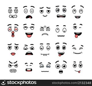 Cartoon expressions. Character face expressing, mouths and eyes. Diverse emotions, isolated fun, serious, winking comic decent vector icons. Illustration of happy smile face character. Cartoon expressions. Character face expressing, mouths and eyes. Diverse emotions, isolated fun, serious, winking comic decent vector icons