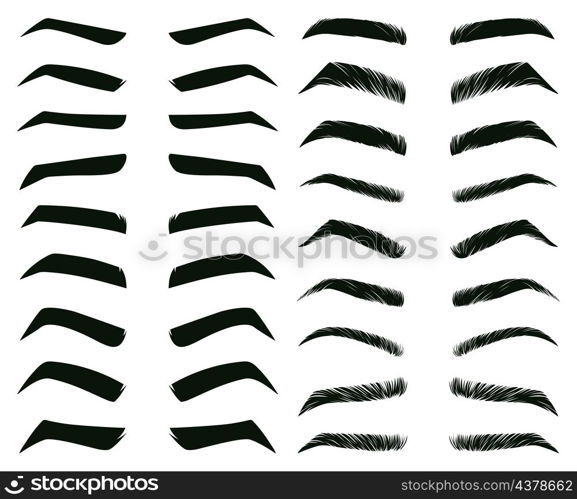 Cartoon eyebrows shapes, thin, thick and curved eyebrows. Classic eyebrows, brow makeup shaping vector illustration set. Various eyebrows types. Male and female different forms isolated on white. Cartoon eyebrows shapes, thin, thick and curved eyebrows. Classic eyebrows, brow makeup shaping vector illustration set. Various eyebrows types