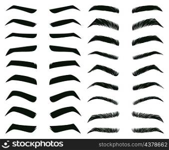 Cartoon eyebrows shapes, thin, thick and curved eyebrows. Classic eyebrows, brow makeup shaping vector illustration set. Various eyebrows types. Male and female different forms isolated on white. Cartoon eyebrows shapes, thin, thick and curved eyebrows. Classic eyebrows, brow makeup shaping vector illustration set. Various eyebrows types