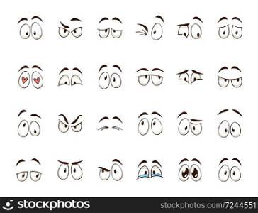 Cartoon eyes. Comic character eye and eyebrow expressions smiling, crying and surprised. Caricature doodle emotions or emoticon. Isolated vector illustration icons set. Cartoon eyes. Comic character eye expressions smiling, crying and surprised. Caricature doodle emotions. Isolated vector illustration icons set