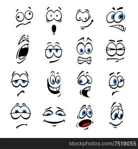 Cartoon eyes with face expressions and emotions. Cute smiles icons for emoticons. Vector emoji elements smiling, happy, sad, angry, mad, stupid, shocked, comic, upset, silly scared sneaky surprised. Cartoon eyes, face expressions and emotions