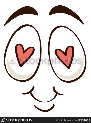 Cartoon face. Cute character with heart in eyes, smile on lips, mascot emotion, funny emotional emoji, romantic emoticon, creator for vintage retro logos and branding. Vector isolated illustration. Cartoon face. Cute character with heart in eyes, smile on lips, mascot emotion, funny emotional emoji, romantic emoticon, creator for retro logos and branding. Vector isolated illustration