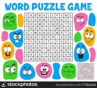 Cartoon face emotions and expressions, word search puzzle game worksheet, vector kids quiz grid. Riddle game to search and find words with emoticons and smiles angry, sad, crying and laughing. Cartoon face emotions and expressions, word search