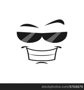 Cartoon face in sunglasses and wide smile. Vector confident facial expression. Isolated funny character positive emotion, comic face with toothy smiling mouth and black eyeglasses. Cartoon face in sunglasses and wide smile emoji