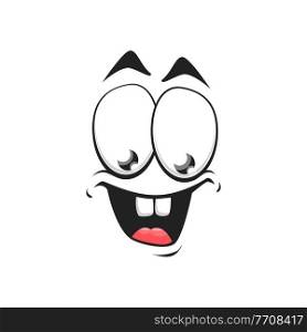 Cartoon face isolated vector icon, wide delighted smile facial emoji of funny stupid creature, happy emotion, comic face with toothy smiling mouth and round eyes. Cartoon face vector icon, wide smile facial emoji