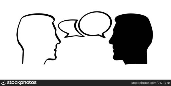 Cartoon face profile talk icon. Conversation speech Icon silhouette heads. Head in Profile speak, communication pictogram. People face are talking icon or sign. Assistance vector icon. Voice sign.