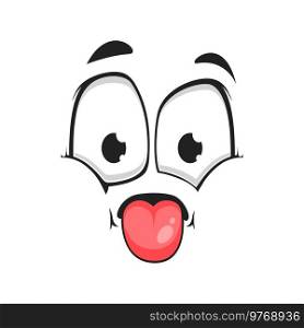 Cartoon face show pink tongue, vector teasing or sour taste facial expression, funny emoji. Naughty character or disgusting emotion isolated on white background. Cartoon face show pink tongue, teasing emotion