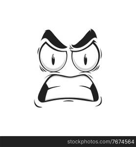 Cartoon face vector emoji with angry eyes and gnash teeth. Negative facial expression, angry feelings, comic face with furrowed brows and toothy mouth isolated on white background. Cartoon face vector angry emoji with gnash teeth