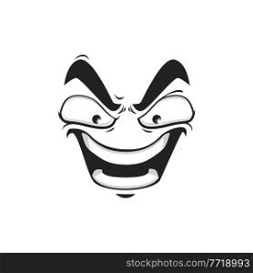 Cartoon face vector gloat laugh emoji with angry eyes and laughing toothy mouth. Negative facial expression, funny feelings isolated on white background. Cartoon face vector gloat emoji, angry character