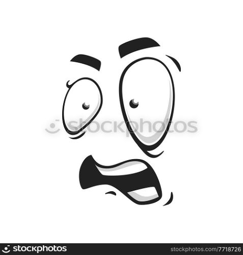 Cartoon face vector icon, frightened funny emoji, scared facial expression with wide open or goggle eyes and wry mouth, fear or shock feelings isolated on white background. Cartoon face vector icon, frightened funny emoji
