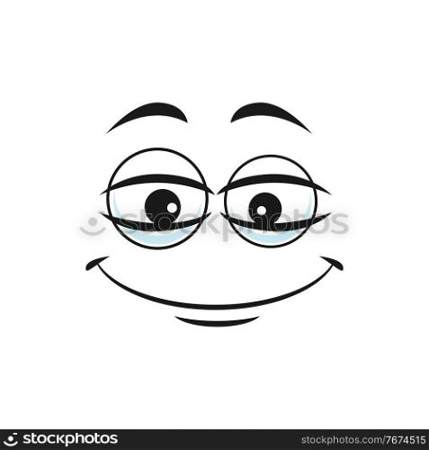 Cartoon face vector icon, funny emoji with smile and kind eyes. Satisfied, calm or relaxed facial expression, positive feelings isolated on white background. Cartoon face vector icon, smiling funny emoji