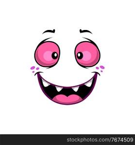 Cartoon face vector icon, funny emoji with wide smiling face and pink astonished eyes. Happy facial expression, positive feelings isolated on white background. Cartoon face vector icon, smiling funny emoji