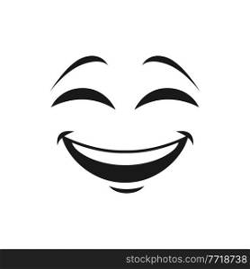 Cartoon face vector icon, happy emoji, laughing facial expression with smiling toothy mouth and close eyes. Positive feelings isolated on white background. Cartoon face vector icon, happy laughing emoji