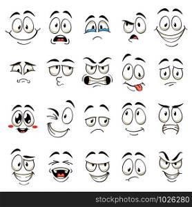 Cartoon faces. Caricature comic emotions with different expressions. Expressive eyes and mouth, funny flat vector characters angry and confused emoticons set. Cartoon faces. Caricature comic emotions with different expressions. Expressive eyes and mouth, funny flat vector characters set