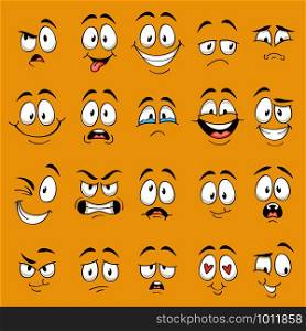 Cartoon faces. Funny face expressions, caricature emotions. Cute character with different expressive eyes and mouth, vector happy tongue emoticon collection. Cartoon faces. Funny face expressions, caricature emotions. Cute character with different expressive eyes and mouth, vector collection