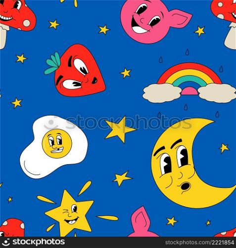 Cartoon faces pattern. Seamless print design with abstract retro cartoon elements. Funny facial expression. Clipart characters collage. Stars and rainbow. Happy pig and strawberry. Vector blue texture. Cartoon faces pattern. Seamless print design with abstract retro cartoon elements. Facial expression. Clipart characters collage. Stars and rainbow. Happy pig and strawberry. Vector texture