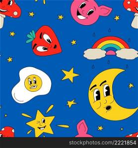 Cartoon faces pattern. Seamless print design with abstract retro cartoon elements. Funny facial expression. Clipart characters collage. Stars and rainbow. Happy pig and strawberry. Vector blue texture. Cartoon faces pattern. Seamless print design with abstract retro cartoon elements. Facial expression. Clipart characters collage. Stars and rainbow. Happy pig and strawberry. Vector texture