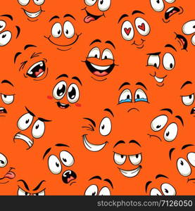 Cartoon faces seamless pattern. Caricature comic emotions with different expressions eyes and mouth, funny characters vector texture and kids crazy happy background. Cartoon faces seamless pattern. Caricature comic emotions with different expressions eyes and mouth, funny characters vector texture