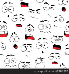 Cartoon faces with happy smile and sad facial expressions vector seamless pattern of emoji characters. Comic background of cute, funny, angry and crazy emoticon personages, people emotions backdrop. Cartoon faces, emojis seamless pattern background