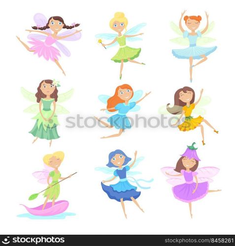 Cartoon fairies set. Cute female characters in beautiful dresses with wings and magic wand isolated on white. Vector illustrations for fairy tale, fantasy, costume for girls concept
