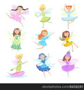 Cartoon fairies set. Cute female characters in beautiful dresses with wings and magic wand isolated on white. Vector illustrations for fairy tale, fantasy, costume for girls concept