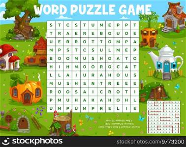 Cartoon fairy dwellings and gnome houses word search puzzle game vector worksheet. Kids quiz grid or maze on background of green meadow with homes made of tree trunk, teapot, mushroom, shoe, pumpkin. Cartoon fairy dwellings, houses word search puzzle