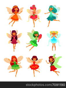 Cartoon fairy girls. Cute fairies dancing in colorful dresses. Magic flying little colorful tale pixie creatures characters in sparkly dress with wings, long dark hair fantasy vector isolated icon set. Cartoon fairy girls. Cute fairies dancing in colorful dresses. Magic flying little creatures characters with wings vector set