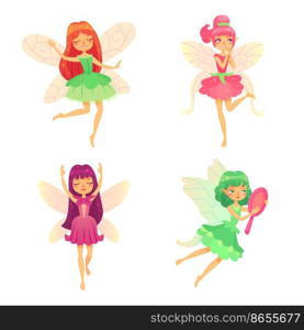 Cartoon fairy girls. Mythological girls in various colorful dresses, magical creatures with wings. Flying pretty female characters in various clothing isolated on white vector set. Young elf. Cartoon fairy girls. Mythological girls in various colorful dresses, magical creatures with wings. Flying pretty female characters