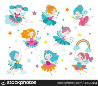 Cartoon fairy. Kids fairies in dress, sweet mythical and tales characters. Magic cute flying girls. Little princess with wings nowaday vector kit. Illustration of princess cute and magic. Cartoon fairy. Kids fairies in dress, sweet mythical and tales characters. Magic cute flying girls. Little princess with wings nowaday vector kit