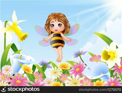 Cartoon fairy sitting on flower field