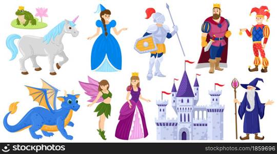 Cartoon fairy tale medieval magic world characters. Fantasy fairy tale princess, unicorn, knight, wizard, dragon vector illustration set. Fairy tale magical heroes. Fairy and castle, witch and prince. Cartoon fairy tale medieval magic world characters. Fantasy fairy tale princess, unicorn, knight, wizard, dragon vector illustration set. Fairy tale magical world heroes