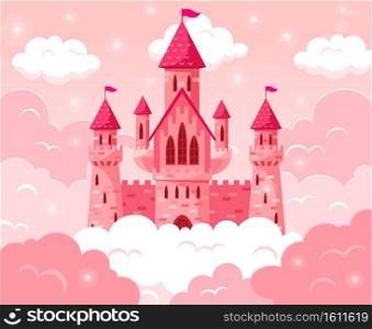 Cartoon fairy tale pink castle. Magic fairytale medieval tower, princess castle in pink clouds vector fabulous illustration. Majestic pink castle. Girlish beautiful dream mansion made of stone. Cartoon fairy tale pink castle. Magic fairytale medieval tower, princess castle in pink clouds vector fabulous illustration. Majestic pink castle