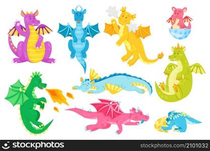 Cartoon fairytale dragon characters, cute baby dragons. Fantasy creature breathing fire, magical flying reptiles, fairy tale animals vector set. Little mythical dinos hatching from egg. Cartoon fairytale dragon characters, cute baby dragons. Fantasy creature breathing fire, magical flying reptiles, fairy tale animals vector set