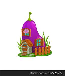 Cartoon fairytale eggplant vegetable house building. Isolated vector gnome, fairy, elf dwelling in ripe veggies. Cute home with wooden door, shuttered windows and fence. Fantasy architecture. Cartoon fairytale eggplant vegetable building
