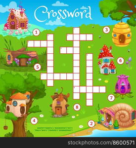 Cartoon fairytale houses, crossword grid worksheet, find a word quiz game. Vector search puzzle with caramel, beehive, nest, wood log, acorn, mushroom, flower and snail shell fantasy dwellings test. Cartoon fairytale houses, crossword grid worksheet