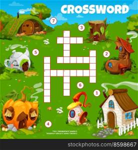 Cartoon fairytale houses, crossword grid worksheet to find word, vector quiz game. Kids education riddle grid to guess cross word of fairy and elf home or gnome dwelling in teapot, tree stump and boot. Cartoon fairy houses crossword grid worksheet game