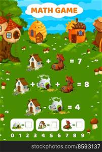 Cartoon fairytale houses on math game worksheet. Education maze with addition and subtraction task, preschool kids riddle or children maze with fairy tree, hive and acorn, boot, teapot dwellings. Cartoon fairytale houses on math game worksheet