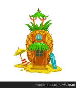 Cartoon fairytale pineapple house building. Tropical fruit fantasy dwelling, shack or isolated vector hut. Summer vacation fairy bungalow on beach with lounge chair, parasol and surfing board on sand. Cartoon fairytale pineapple house building