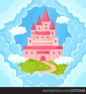 Cartoon fairytale princess pink castle towers in clouds. Magic kingdom palace flying in sky, cute medieval fantasy mansion vector illustration. Dream building in heaven for royal family. Cartoon fairytale princess pink castle towers in clouds. Magic kingdom palace flying in sky, cute medieval fantasy mansion vector illustration