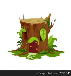 Cartoon fairytale stump house, vector stub home, fairy dwelling for dwarf or gnome with wooden door, leaves shutters on windows and moss on roof. Cute fantasy building on field with grass and path. Cartoon fairytale stump house, vector stub home
