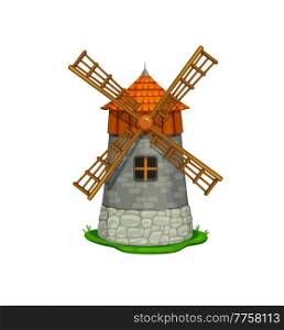 Cartoon fairytale windmill building. Vector antique traditional wind mill for flour grinding with vanes propeller. Millstone for grain or bread processing, isolated vintage house. Cartoon fairytale windmill building, vector house