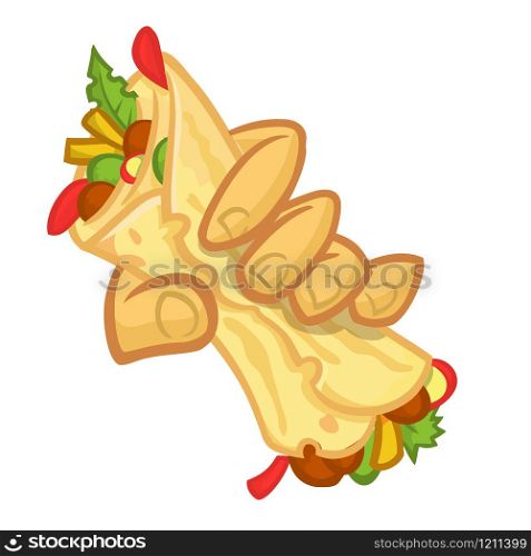 Cartoon falafel roll in a hand. Vector illustration of hand holding falafel. Isolated