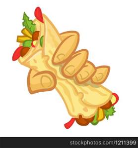 Cartoon falafel roll in a hand. Vector illustration of hand holding falafel. Isolated