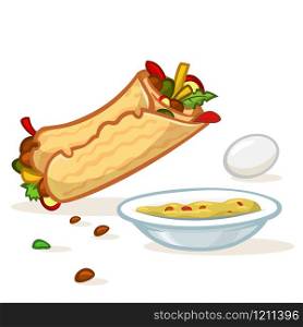 Cartoon falafel roll, plate with hummus and egg illustration. Street food icons. Vector isolated