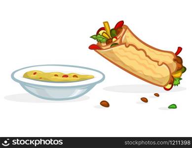 Cartoon falafel roll, plate with hummus. Street food icons. Vector illustration isolated