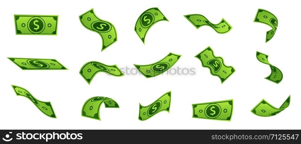 Cartoon falling money bills. Flying green dollar bill, 3d cash and usd currency. American money float banknotes, banking finance investment or jackpot win. Isolated vector symbols set. Cartoon falling money bills. Flying green dollar bill, 3d cash and usd currency vector set